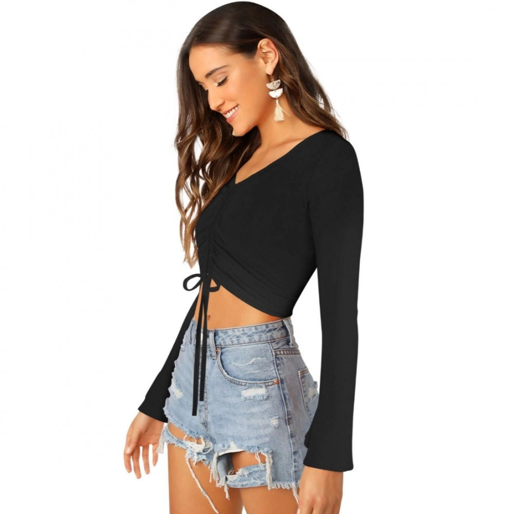 Black 95% Polyester 5% Spandex western wear top for women, solid fabric on model
