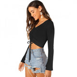 Black 95% polyester 5% spandex western wear top for women, solid fabric design on display