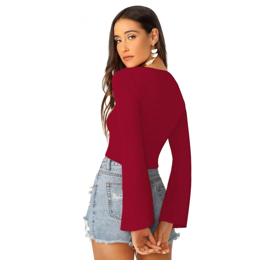 Maroon solid 95% polyester 5% spandex western wear top for women, ideal for casual style