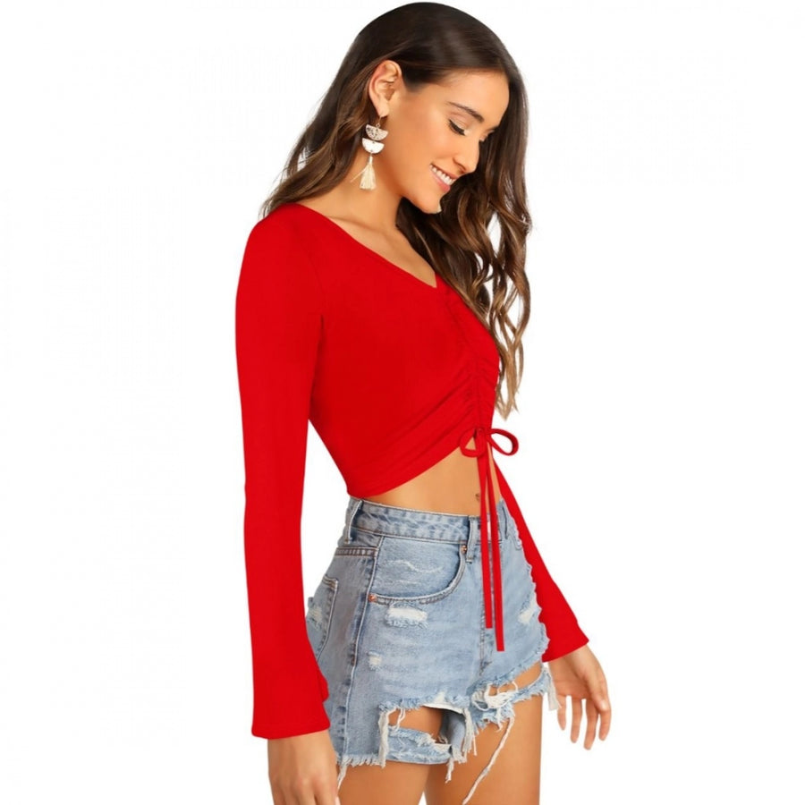 Red 95% Polyester 5% Spandex Western Wear Top, solid fabric for women's fashion