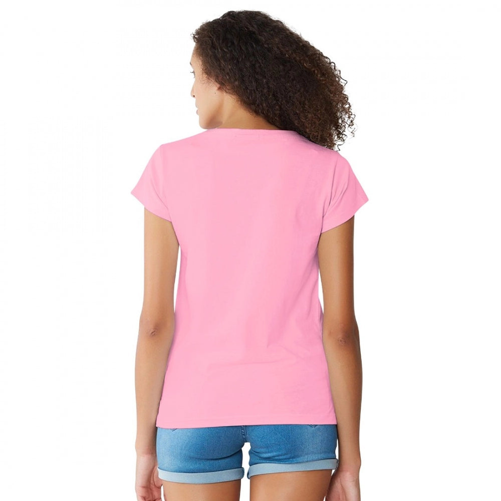 Pink cotton V-neck T-shirt women's short sleeve