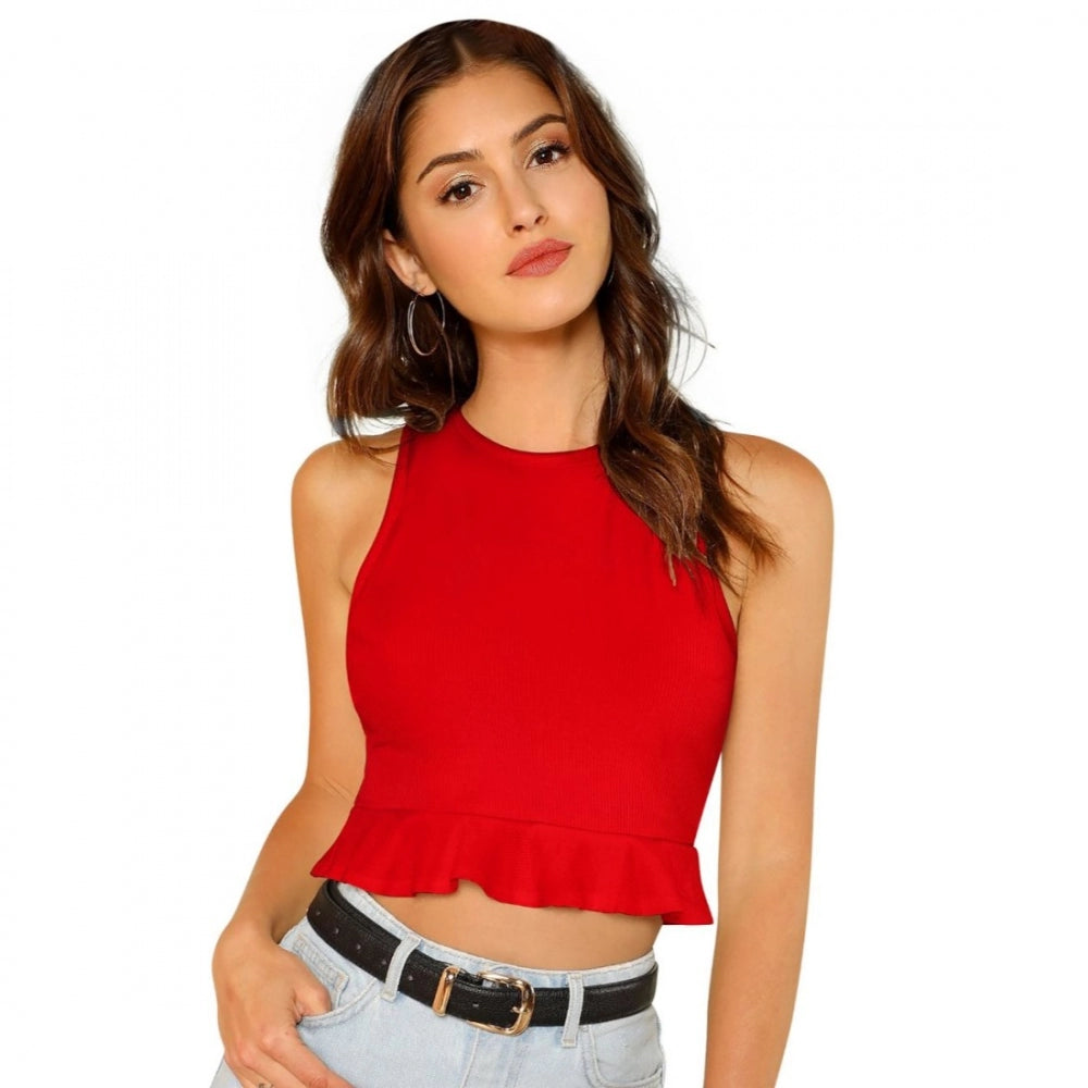 Red 95% Polyester 5% Spandex Western top for women, solid fabric design on mannequin