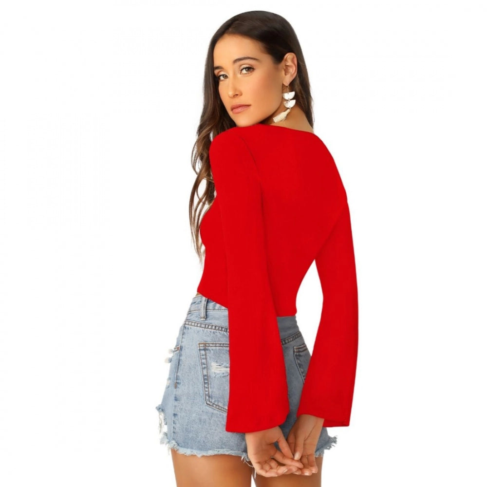 Red 95% Polyester 5% Spandex western wear top for women, solid fabric on model