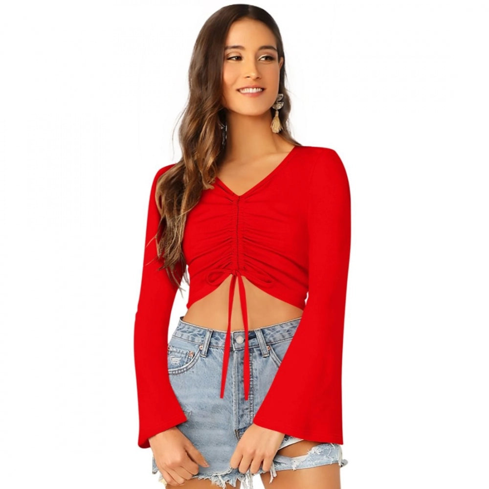 Red 95% Polyester 5% Spandex Western Wear top for women, solid fabric style on mannequin