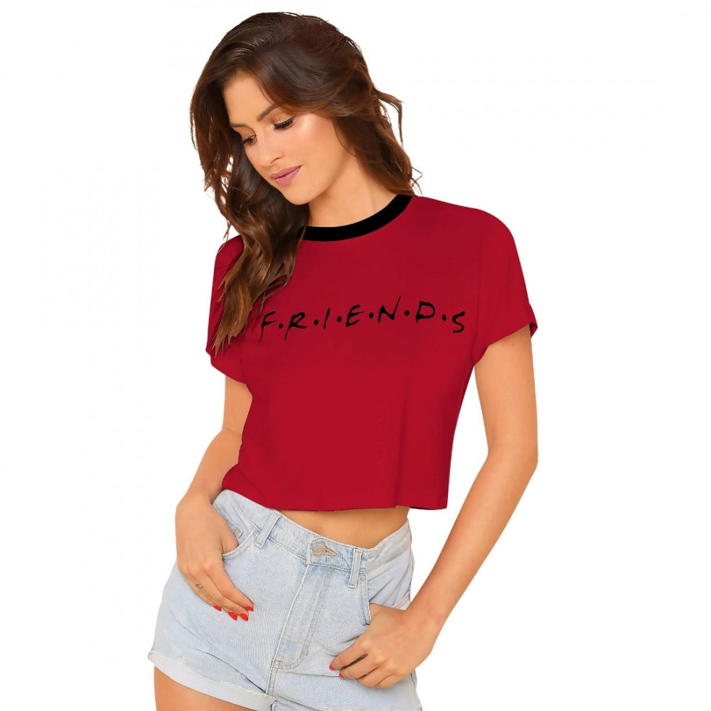 Women's cotton short sleeve V neck T shirt, graphic print (red)