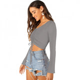Grey 95% Polyester 5% Spandex women's western wear top, solid fabric style for fashionable casual outfits