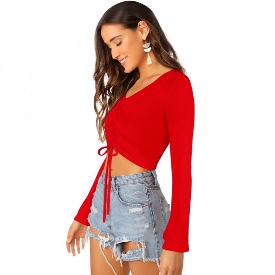 Red 95% Polyester 5% Spandex women's western wear top, solid pattern on display