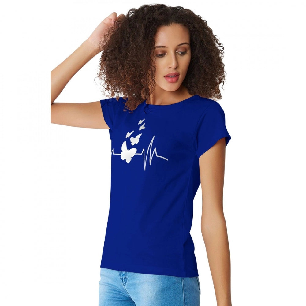 Royal blue short-sleeved cotton t-shirt, graphic design on front
