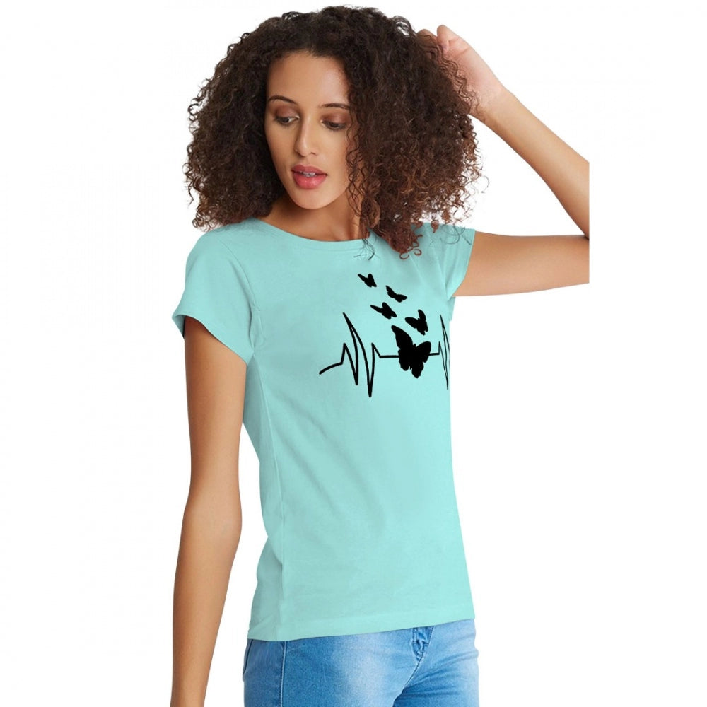 A women's cotton western wear t-shirt in blue green color with a heart design