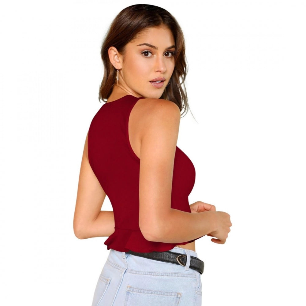 Maroon solid 95% polyester western wear top for women, machine washable clothing