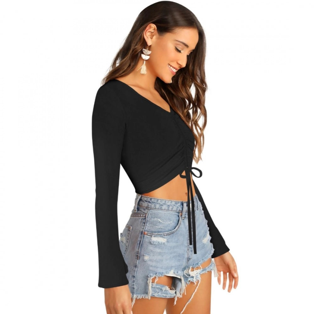 Black 95% polyester 5% spandex women's western wear top, solid design for casual fashion