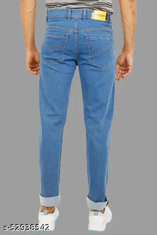 Blue men's regular fit mid-rise stretchable denim jeans - solid indigo, on a hanger with a light jacket and sneakers