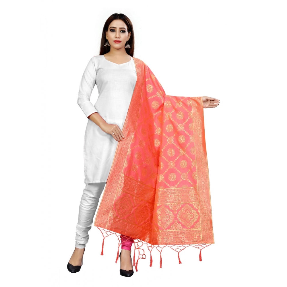 Peach Banarasi silk floral printed dupatta, traditional Indian wear for women, length 2-2.4m