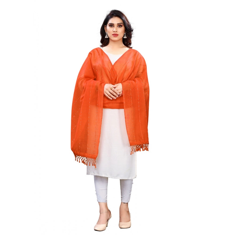 Orange cotton silk strips printed dupatta, 2-2.4m length, women's fashion accessory on display