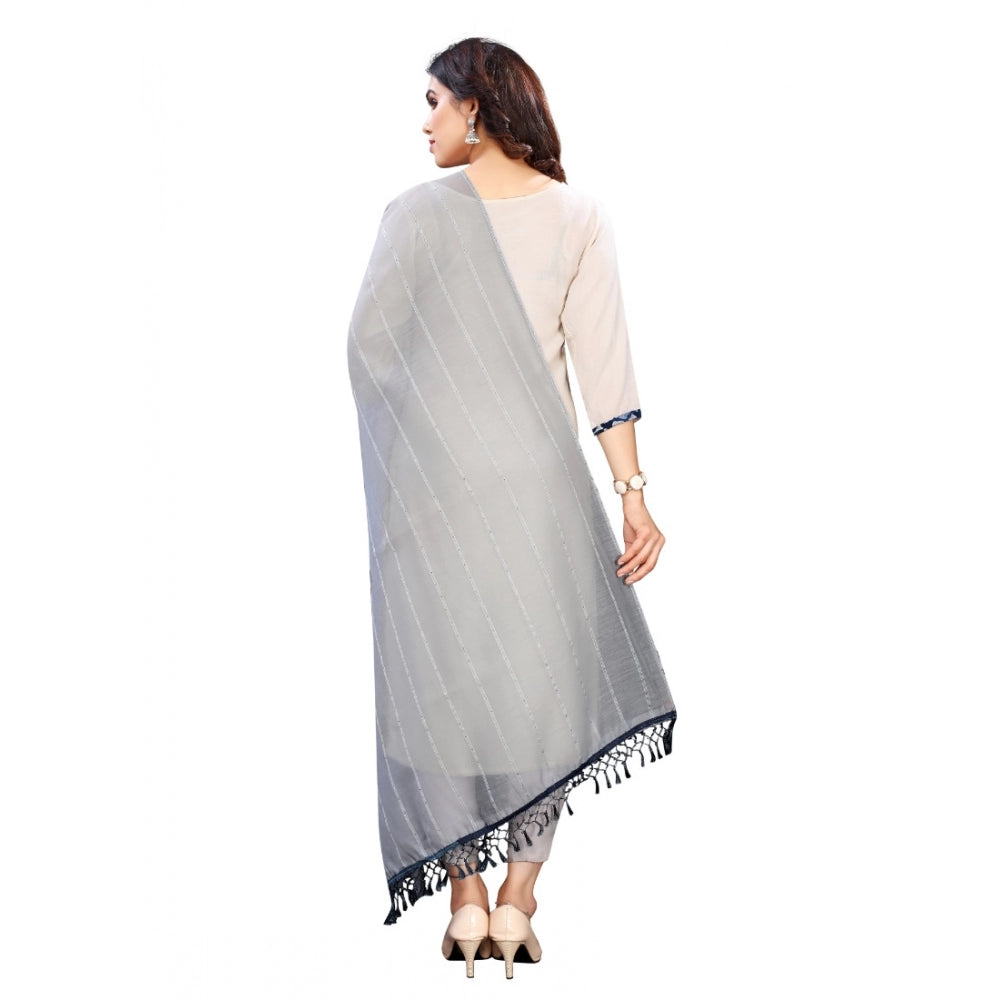 Grey cotton silk strips printed dupatta (length: 2-2.4 mtr)