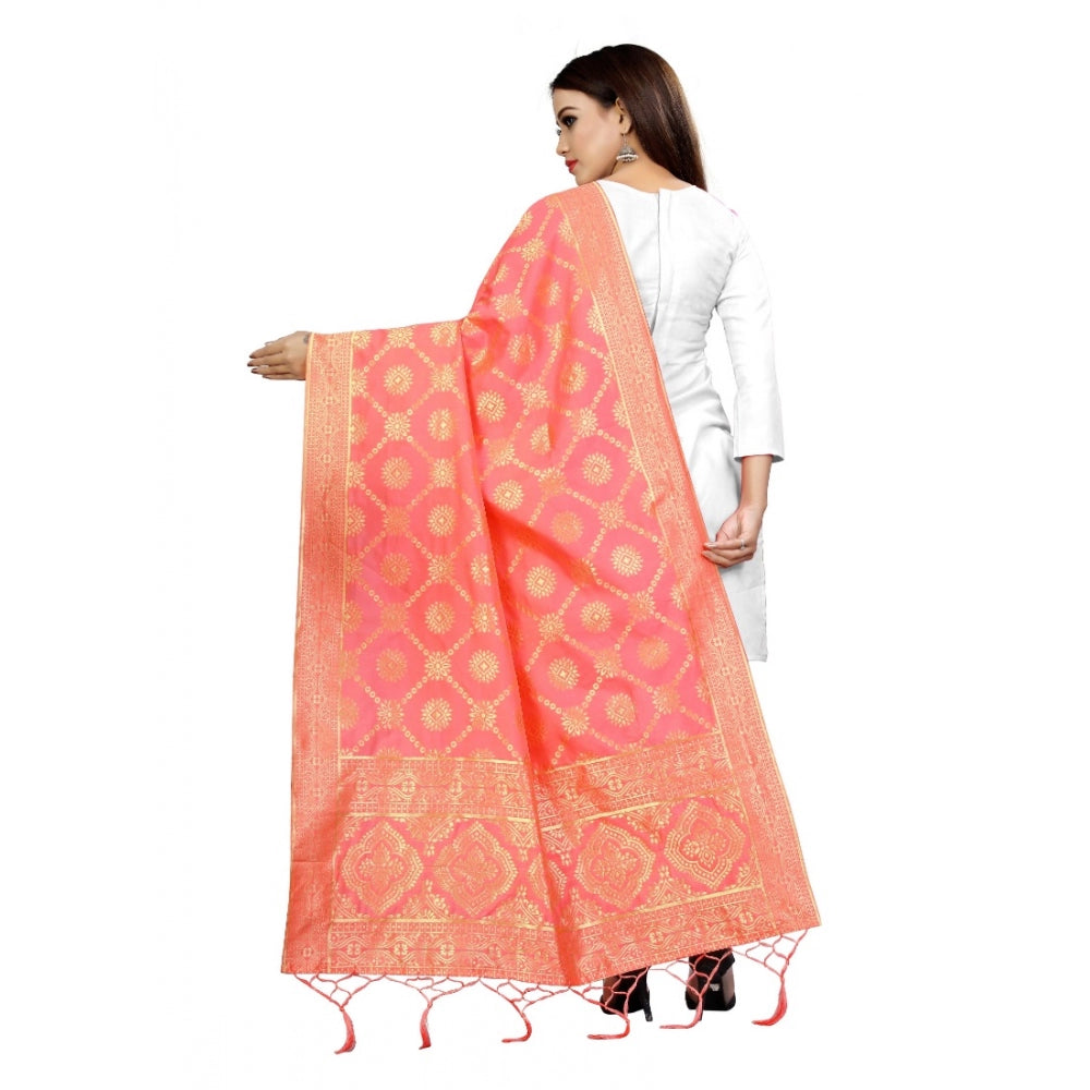 Peach Banarasi silk floral printed dupatta (2-2.4 mtr) for women's fashion, vibrant floral design on premium fabric