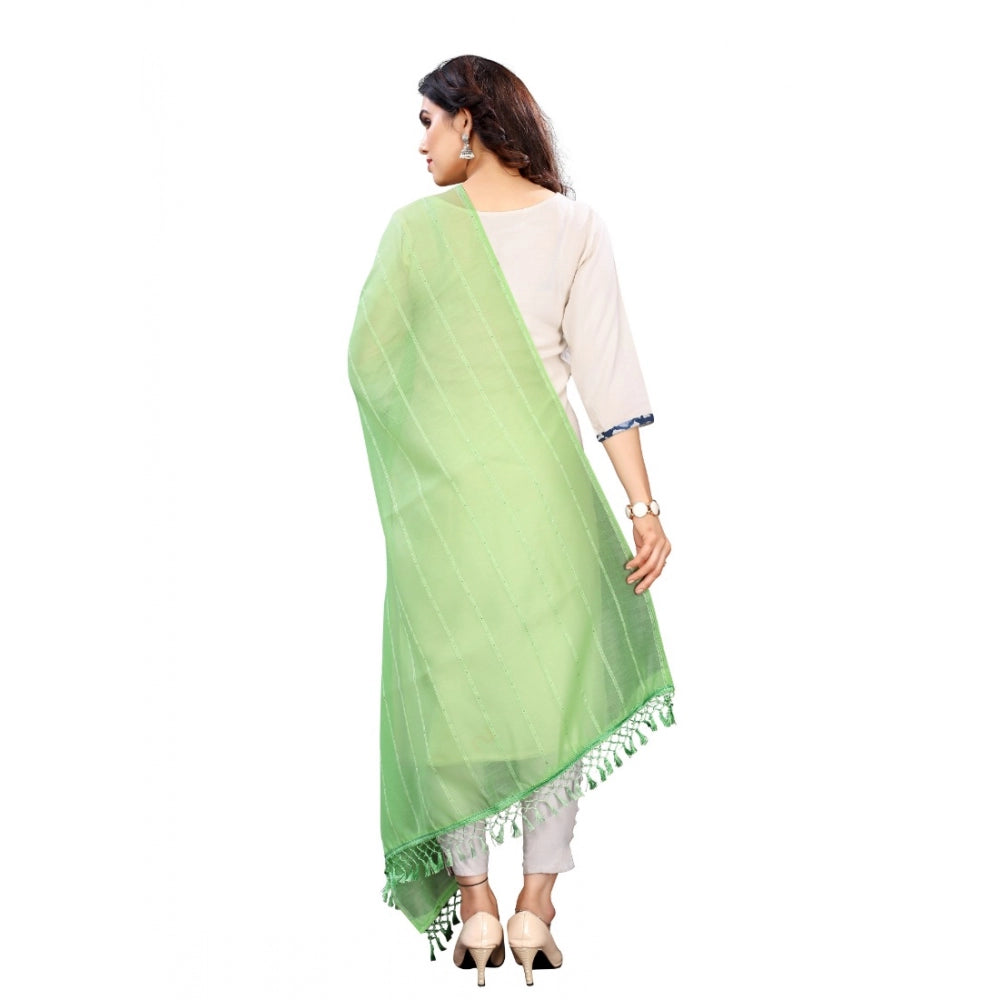 Parrot green cotton silk strips printed dupatta for women, 2-2.4m length, patterned accessory on mannequin