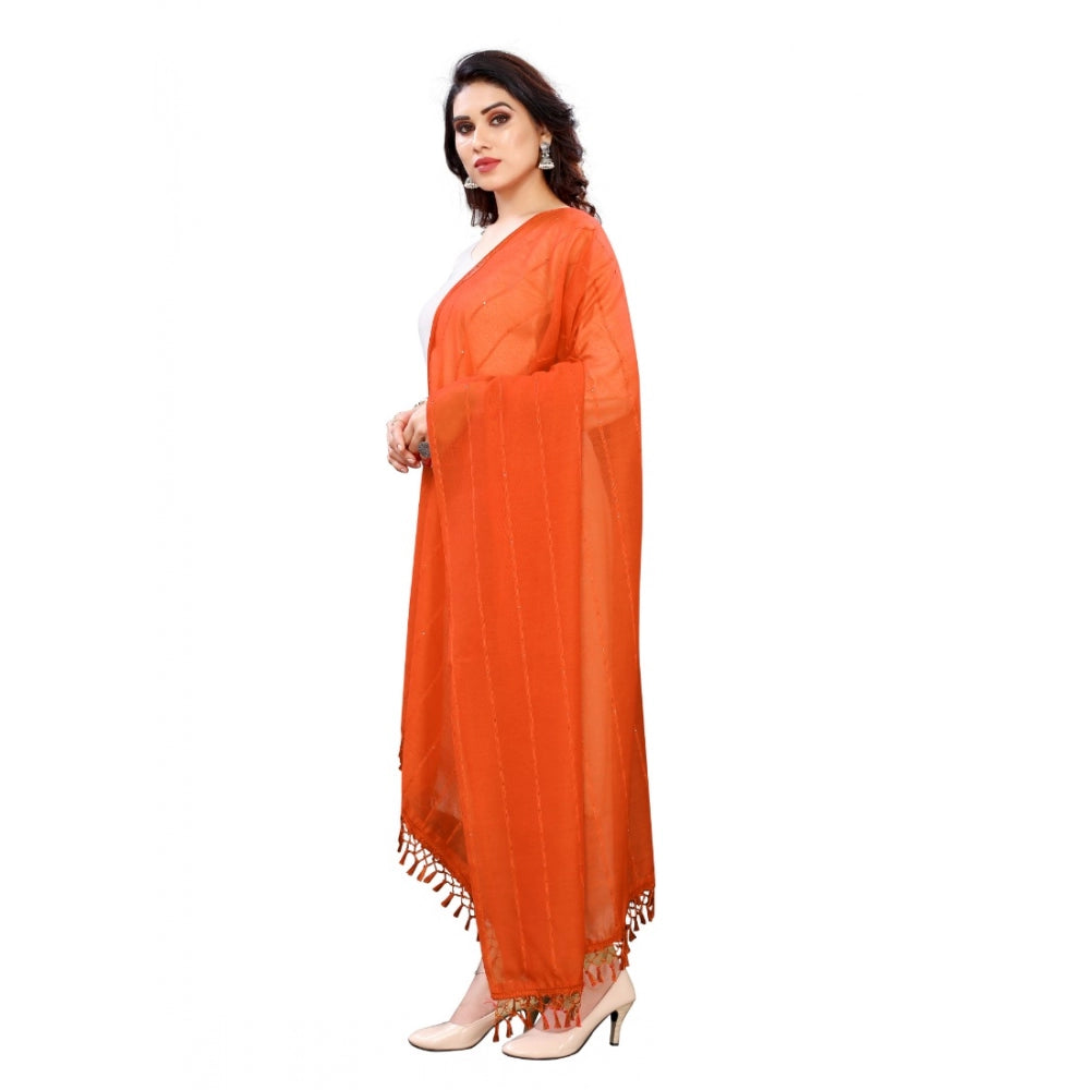 Orange cotton silk strips printed dupatta, 2-2.4 mtr long, 35 inch wide