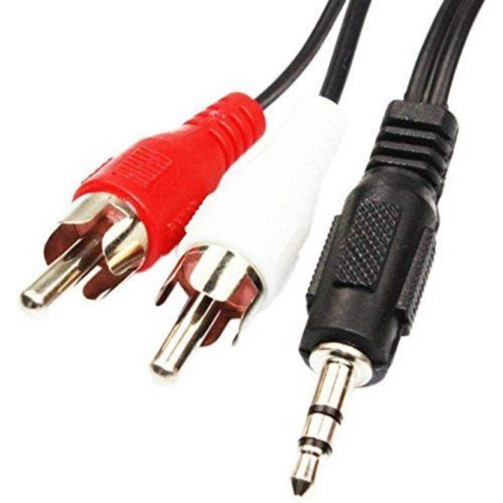 Black 3.5mm audio cable with red connectors, ideal for home theater.