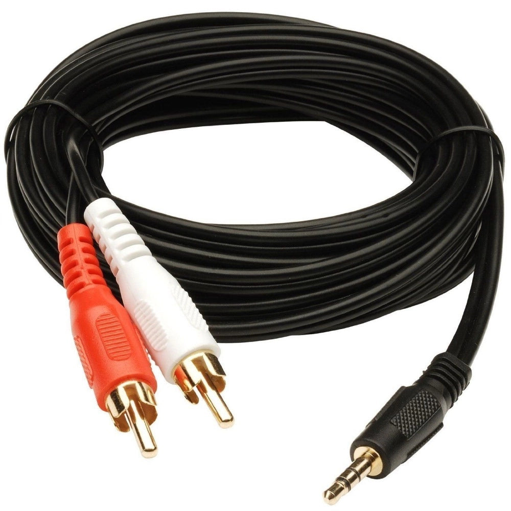 Black 3.5mm stereo audio cable with red and white connectors, 3 yards long.