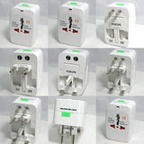 White universal travel adapter, 125V 6A surge-protected with 250V electrical plug, ideal for various devices and electronics