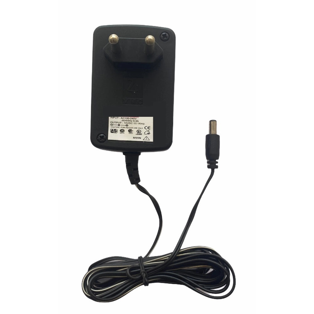 Black 10V 1A Power Adapter, AC Input, DC Pin, CE Certified.