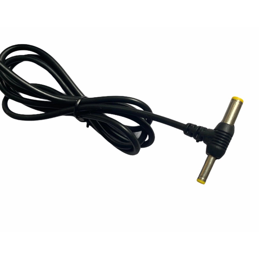 Black DC power adapter cable with 12V 1A output, for electronics.