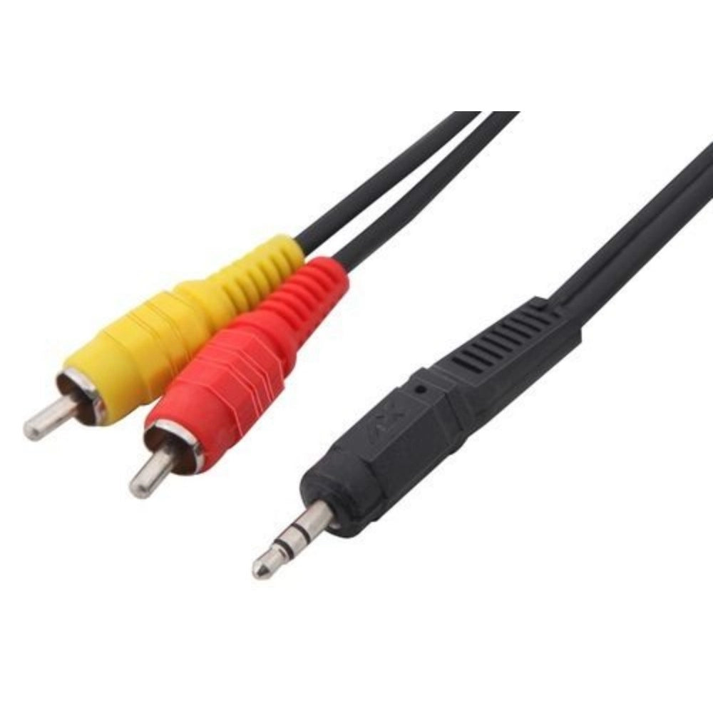 3.5mm Black Audio Cable: Male to 2RCA, color-coded, connects mobile & home theatre.