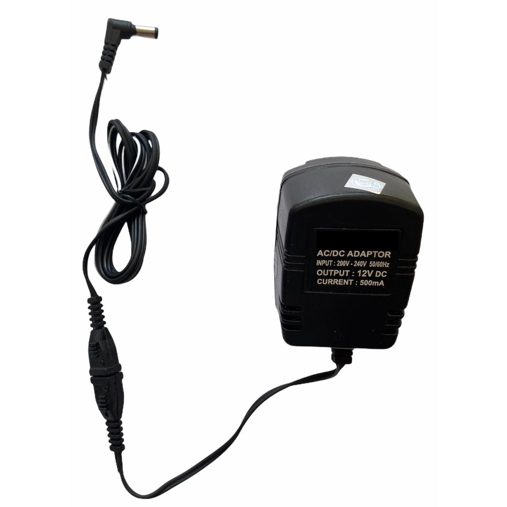 Black 12V 500mA AC/DC Power Adapter with cable, ideal for electronics.
