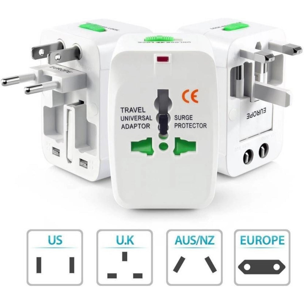 White Universal Travel Adapter with 125V 6A, surge-protected electrical plug, suitable for various home-office electronics