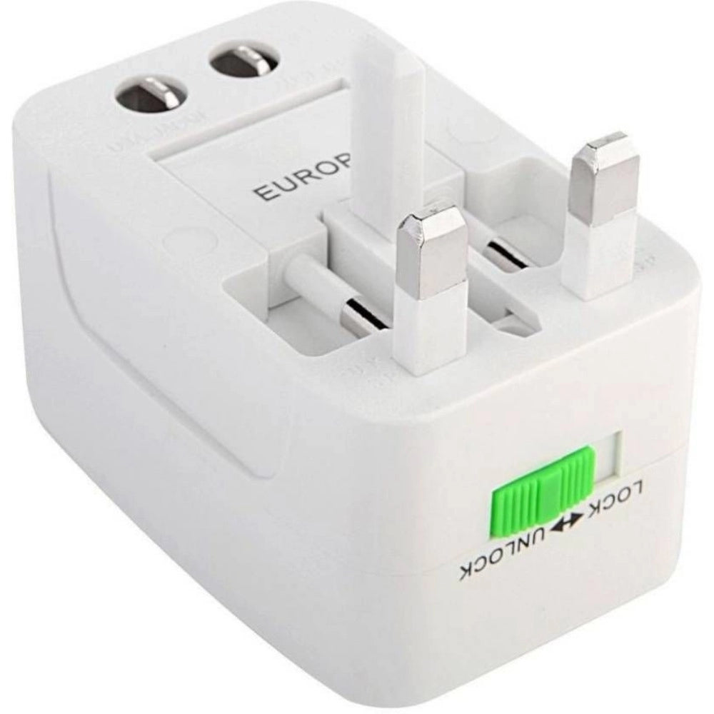 White universal travel adapter with surge-spike protection, 125V 6A, 250V. Versatile plug for various home-office electronics