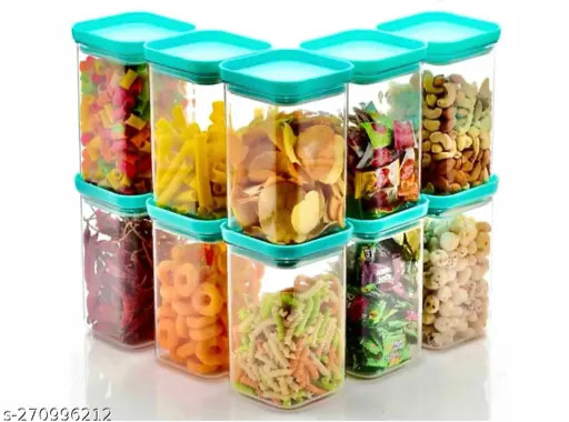 Set of ten blue Smart Buy pushcap unbreakable airtight plastic kitchen storage jars and containers