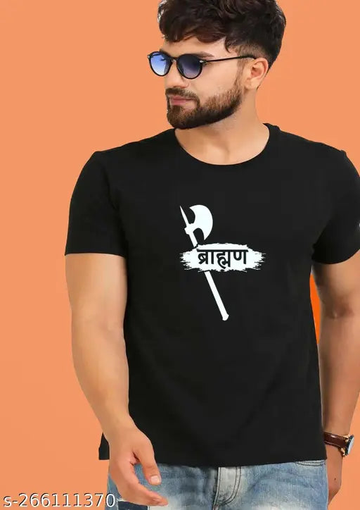 Black printed polyester t-shirt by Brahman Farsa, short sleeves, Indian-made, do not iron