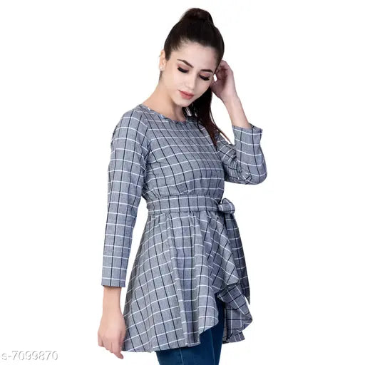 Women's checked grey cotton top, three-quarter sleeves, size M, India origin
