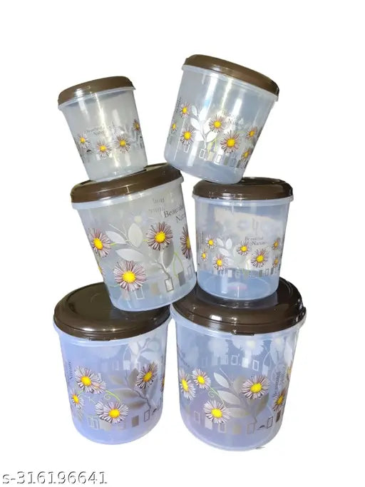 Set of six Veksin brown plastic kitchen containers, 10kg, 75kg, 5kg, 2kg, 1kg, 0.5kg, airtight, with handle and lid design