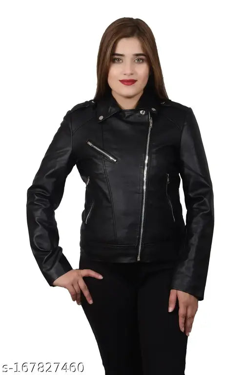 Faux leather women's jacket - solid, long sleeves, size XS-XXXL, made in India