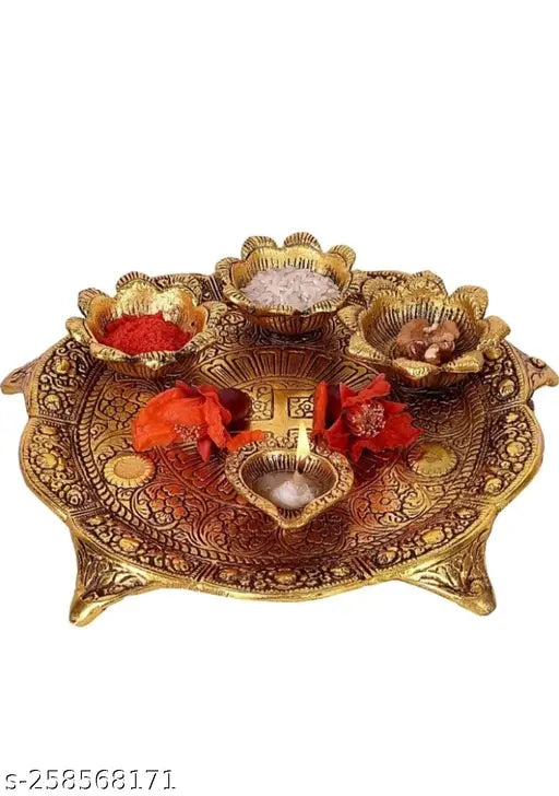 Gold-plated Pooja Thali set with 4 Diyas for home and office temple, aluminium showpiece (L: 10cm, B: 5cm, H: 10cm) - Indian handicraft artifact