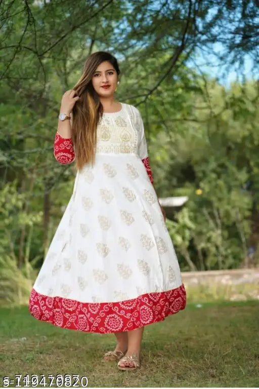 White rayon anarkali kurta with long length and Jaipuri embroidered prints