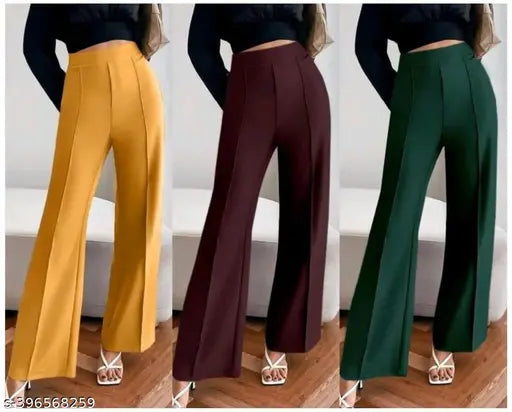Trendy ladies high rise bell bottom bootcut trousers in wine, mustard and bottle green