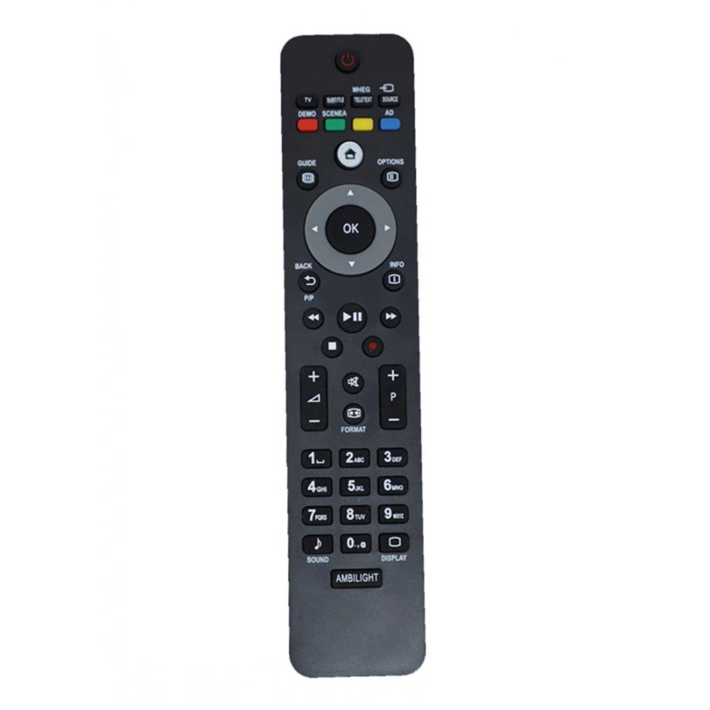 Multi-colored universal URC 126 LCD/LED remote for Philips TVs, ergonomic design, long-range infrared control with zinc carbon battery