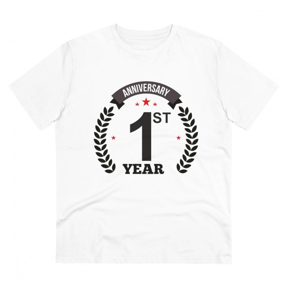 White PC Cotton Men's 1st Anniversary Printed Half-Sleeve T-Shirt, 180GSM thread count