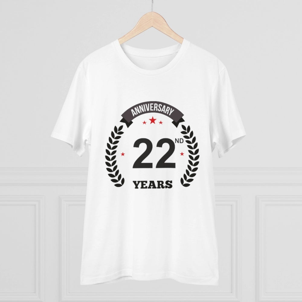 White PC cotton men's 22nd anniversary printed half sleeve t-shirt (180GSM), casual occasion wear on mannequin