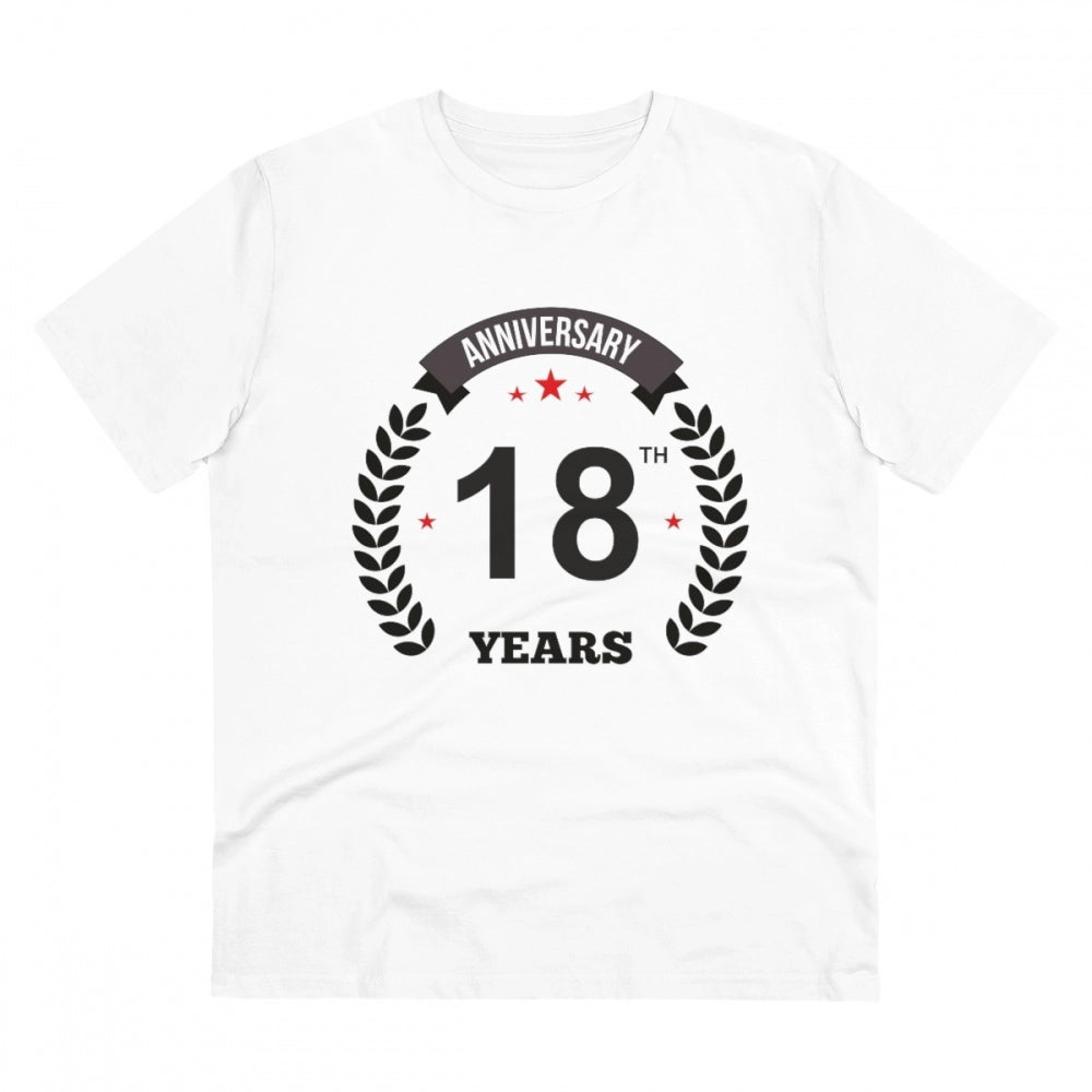 White PC Cotton 18th Anniversary Printed Men's T-Shirt (Half Sleeve, Round Neck) on display