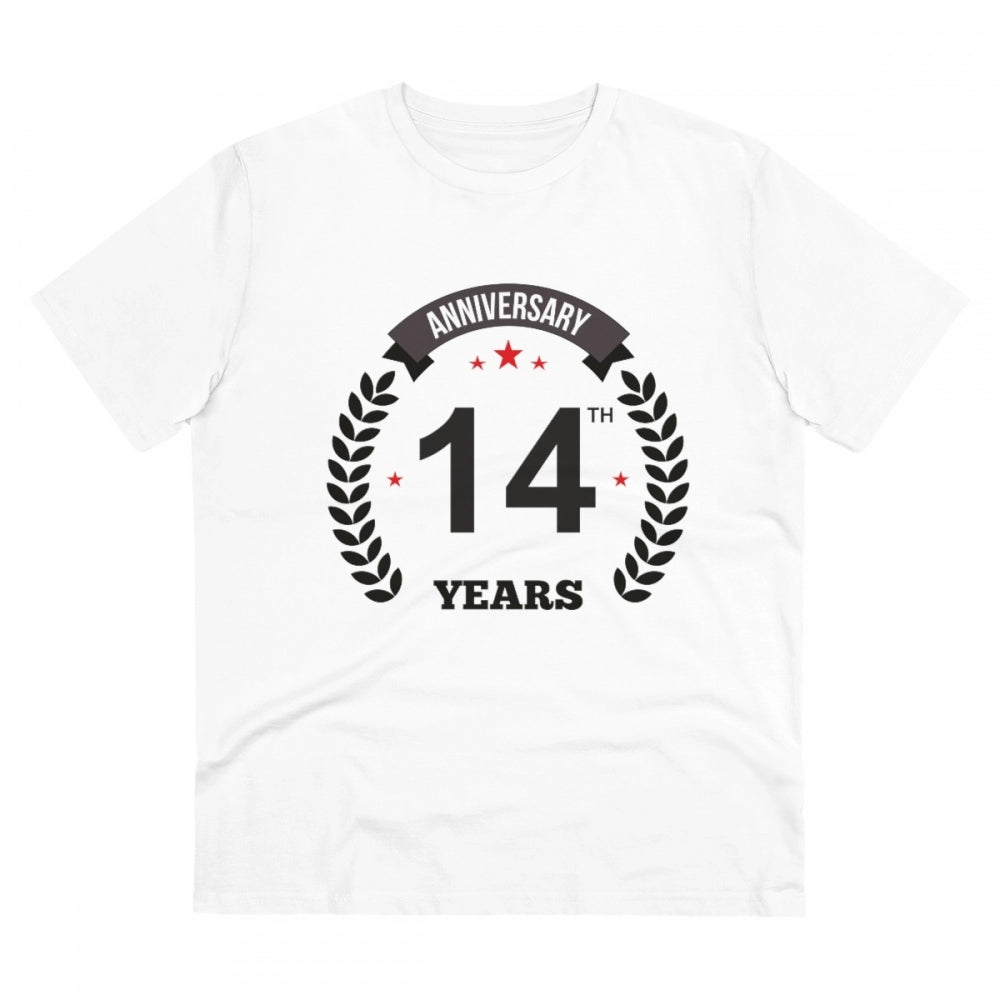 White PC Cotton Men's 14th Anniversary Printed Half-Sleeve T-Shirt (Thread Count: 180GSM) for casual occasions