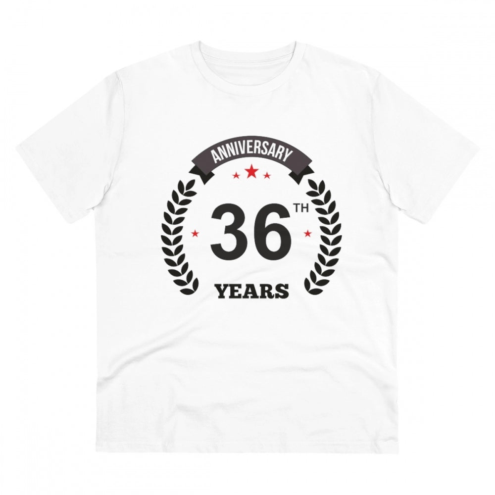 White PC Cotton 36th Anniversary Printed T-Shirt (Half Sleeve, Round Neck) on display