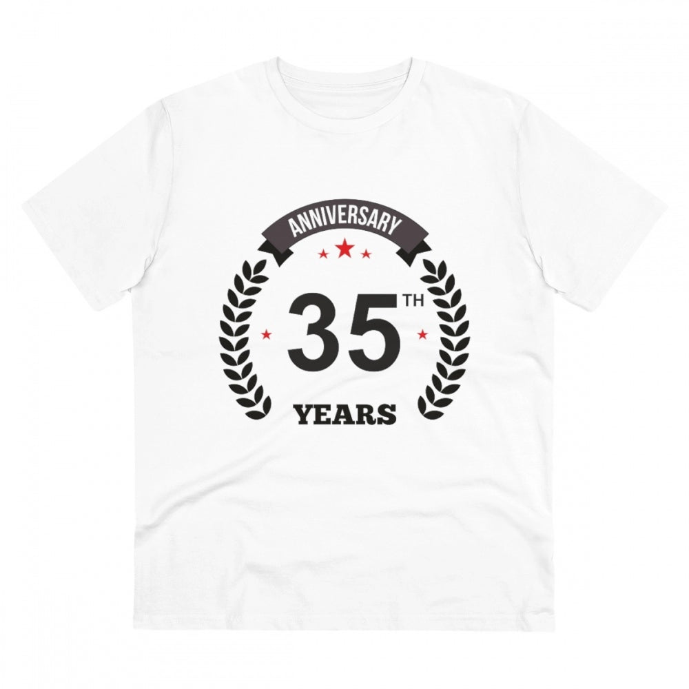 White PC Cotton Men's 35th Anniversary Printed T-Shirt (180GSM), half sleeve round neck casual wear