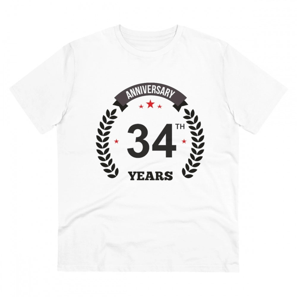 White PC Cotton 34th Anniversary Printed T-Shirt (180GSM), men's casual wear with half sleeves and round neck on display