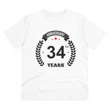 White PC Cotton 34th Anniversary Printed T-Shirt (180GSM), men's casual wear with half sleeves and round neck on display