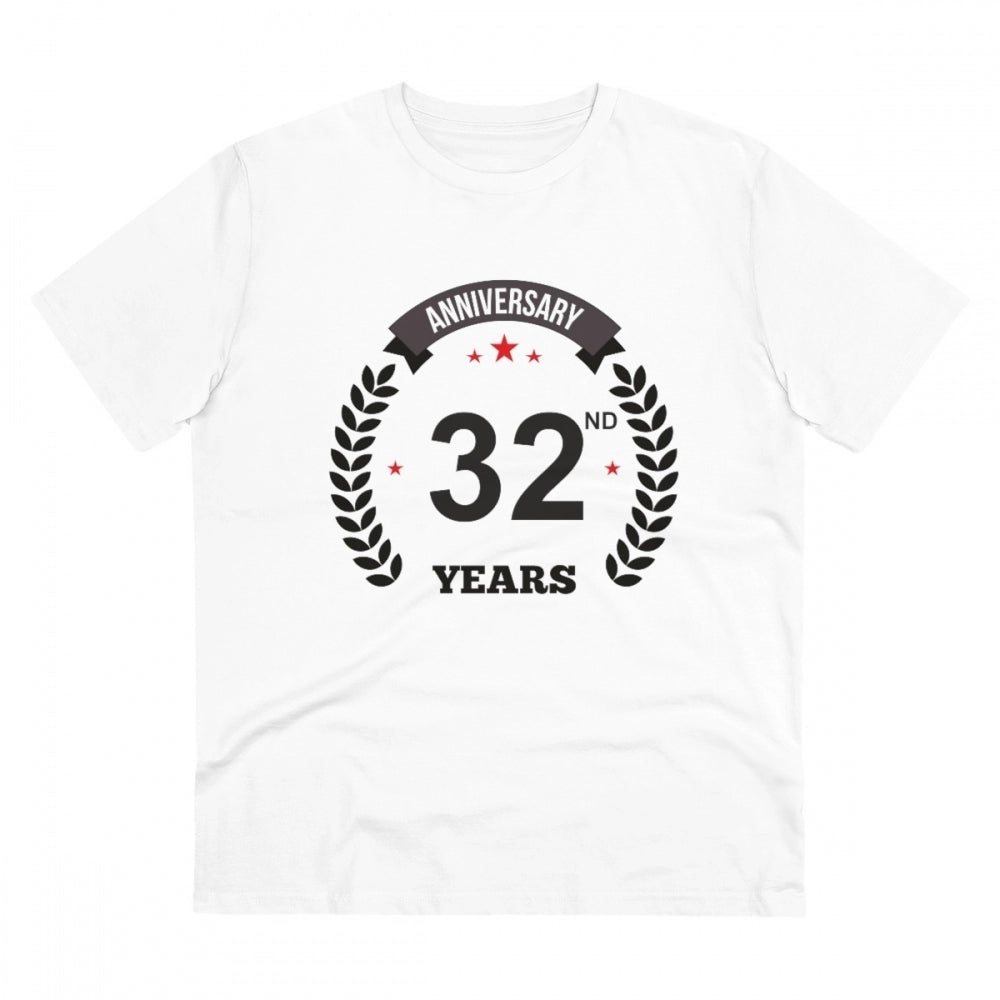 White PC Cotton Men's 32nd Anniversary Printed Half Sleeve T-Shirt on display, casual occasion wear