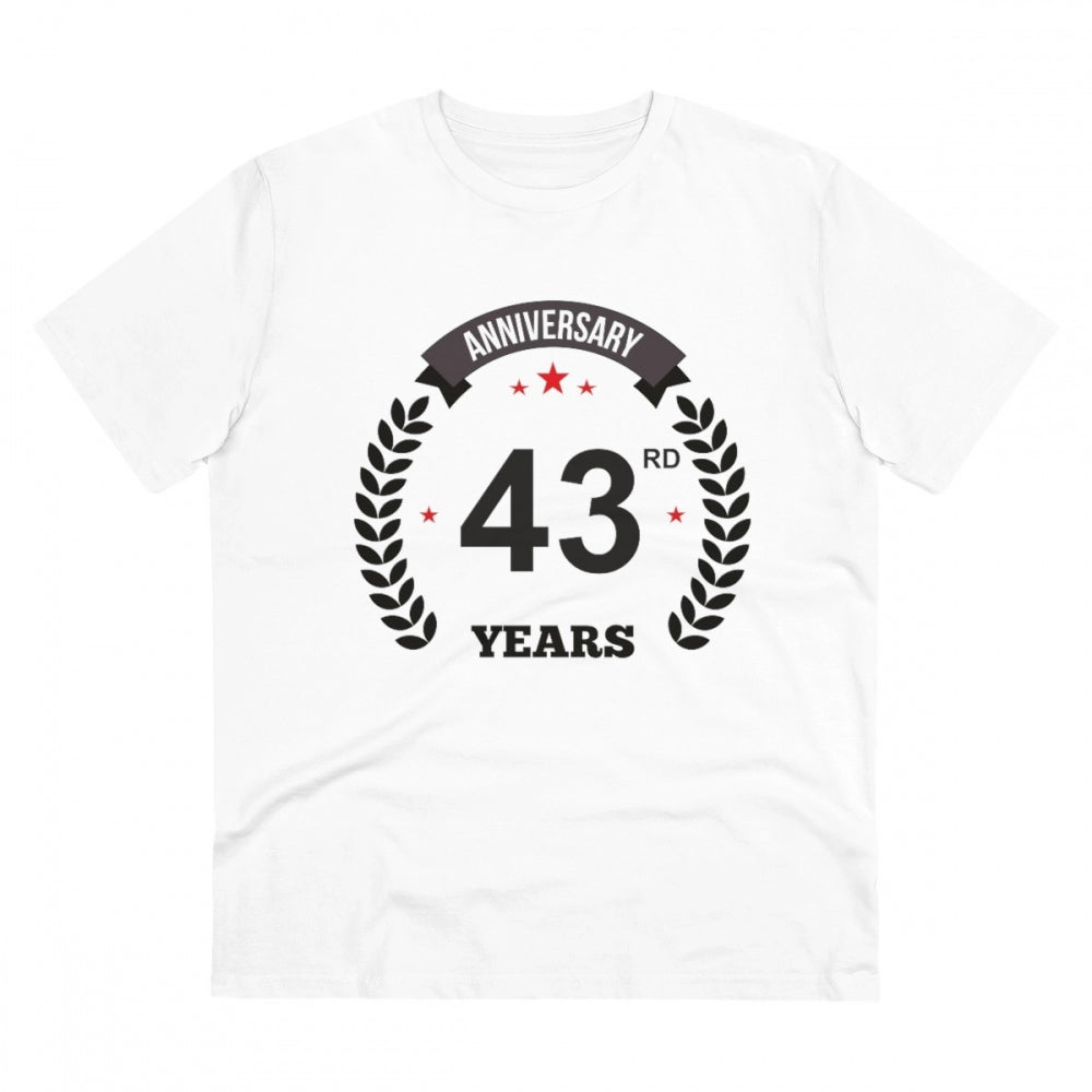 White PC Cotton 43rd Anniversary Printed Men's T-Shirt with half sleeves and round neck, displaying anniversary design on front